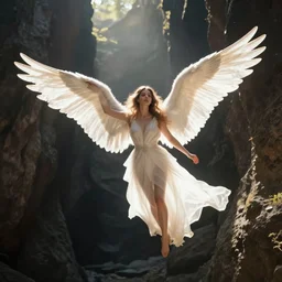 A angelic woman with big wings flying out of a dark ravine into the sunlight