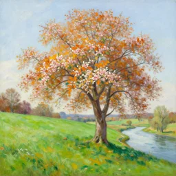 a beautiful painting of a tree with autumn flowers on a green hill by the river by greg rutkowski and thomas kinkade, trending on artstation
