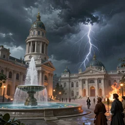 a neoclassical tower with dome on a fantasy city, next to a fountain and a mystical palace during a thunderstorm. by artstation trending, by joseph mallord william turner, luis royo, konstantin razumov, cinematic lighting, fractal flame, highly detailed