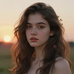 hyper - realistic, digital painting, 5 0 mm portrait of a beautiful girl with floral wavy hair, detailed facial anatomy, sunset environment, cinematic lighting, 4 k, sharp focus, fuji film