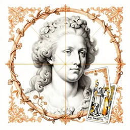 human portrait in vines, elements, golden ratio, baroque, rococo, white + orange + ink + tarot card with ornate by marc simonetti, peter mohrbacher, detailed, intricate illustration
