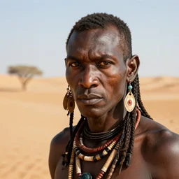 vast desert, fierce looking dark - skinned tribal warrior with tiger eyes, close up