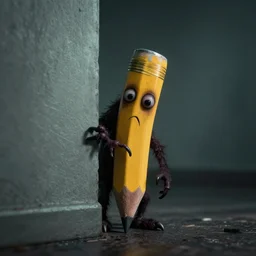 pencil monster, dark, creepy, behind a corner, award winning eerie photo, 4 k