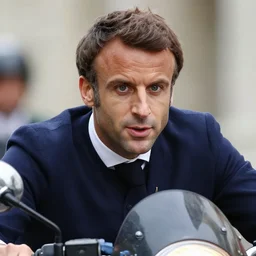 emmanuel macron riding a motorcycle, highly detailed face