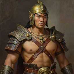 smart tai warlord, closeup portrait, historical, ethnic group, sukhothai costume, bronze headset, fantasy, intricate, with leather armor cross onbare chest, elegant, loin cloth, highly detailed, oil painting, artstation, concept art, matte, sharp focus, illustration, hearthstone, art by earl norem
