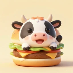 a joyful small cow in a hamburger