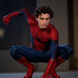 Timothee Chalamet as Peter parker, night time, +++ super super super dynamic posing, j.c. leyendecker, Valentina Remenar, thick eyebrows, super serious facial expression