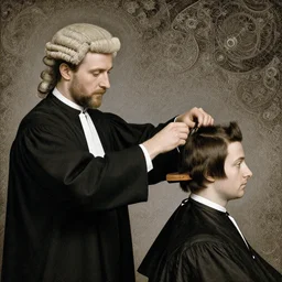 judge wearing a bench wig is making a haircut to another judge with a bench wig, only two person in the scene, by hieronymus bosch, fractals
