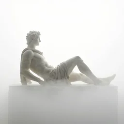 hazy backlit silhouette of a full - body recumbent ancient greek athlete from a baroque painting on a white background, misty with soft focus