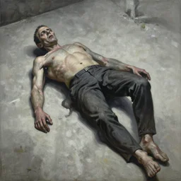 painting of disturbing guy fieri lying on concrete ground, decrepit, corpse-like, by jon hale, beksinski, giger