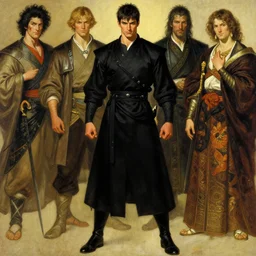 full character of a handsome ancient superhero in black clothes, character design, painting by gaston bussiere, katsuya terada, nc wyeth, greg rutkowski, craig mullins, vermeer, frank frazetta, mucha, tom of finland, trending on artstation, jeffery catherine jones