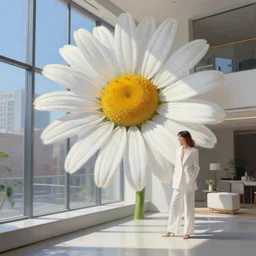 giant daisy flower head, woman in white suit, standing next to modern window in luxury loft, surreal photography, sunlight, impressionist painting, digital painting, artstation, simon stalenhag