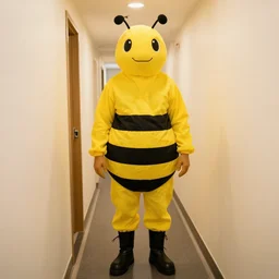 a man in a bee suit in the corridor of a capsule hotel