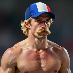 portrait of crossfiter guillaume briant upper part of the body with a french flag cap and blond hairs, powerful, musculated, he got a big french musctache, by aenaluck, artgerm and roberto ferri and greg rutkowski, digital painting, artstation, concept art, smooth, sharp foccus ilustration hq