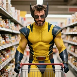photo of wolverine Hugh jackman in full X-men costume grocery shopping