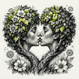 heart - shaped kiss, tree, foliage, flowers, concept art, fractals, pen and ink, watercolor wash, intricate details