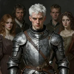 portrait painting of a cocky man with short white hair wearing grey pelt gambeson in his late 2 0 s, ultra realistic, concept art, intricate details, eerie, highly detailed, photorealistic, octane render, 8 k, unreal engine. art by artgerm and greg rutkowski and charlie bowater and magali villeneuve and alphonse mucha