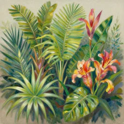 a painting of tropical plants and flowers by lisa frank, airbrush art, digital painting