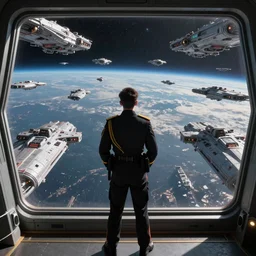a loyal and decorated commissar in the vladof army stands with his hands behind his back looks through a windshield admiring the might of a never - ending space fleet orbiting the planet of pandora, in the style of the borderlands series, 8 k resolution, extreme long shot, overhead view, deep depth of field