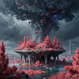 reclaimed by nature by pierre de meuron, cosmic apocalyptic heavy rain postcyberpunk gem san andreas studio ghibli hyperrealism nature atlantis retro infrared, archdaily, wallpaper, highly detailed, trending on artstation.