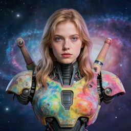 young female battle robot, award winning, portrait bust, symmetry, faded lsd colors, galaxy background, tim hildebrandt, wayne barlowe, bruce pennington, donato giancola, larry elmore, masterpiece, trending on artstation, cinematic composition, beautiful lighting, hyper detailed!!!, 8 k, octane render