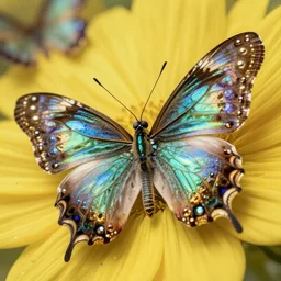 high quality macro photo rococo pearlescent butterfly! jewelled gorgeous! highly detailed david ligare elson peter cinematic yellow neon lighting high quality low angle hd 8k sharp shallow depth of field