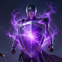 the hero holds a protective shield before himself, purple energy, digital art