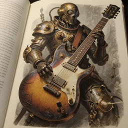 page from a graphic novel depicting intricate and finely detailed acoustic, steampunk style, photorealistic illustration, future punk guitar, fantasy concept art, hyper realistic illustration, 8 k, artstation