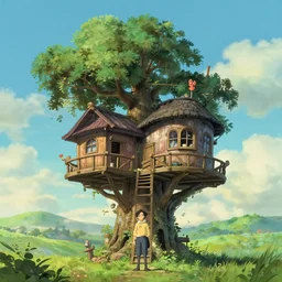 treehouse, solarpunk studio ghibli, jean - baptiste monge, octane render, 4 k, symmetry