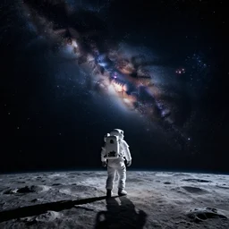 dark space sky with stars and galaxies, moon surface, walking astronaut, milky way nebula, volumetric light, detailed background, unreal engine, trending on artstation, by rossdraws, thomas kinkade