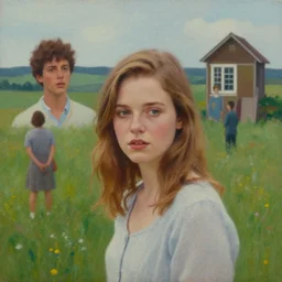 a beautiful scenic painting of a beautiful young woman that looks like rebecca ferguson by artgerm and wlop and wes anderson and spike jonze