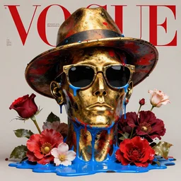 a head made out of melting metal, it is of golden and red and black colors, it is wearing sunglasses and a hat, there are flowers all around it, blue paint melting, vogue cover style, demonic style, artgerm style