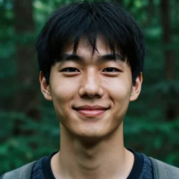 a ultra high resolution close - up of asian man from tai tribe in lush green forest. 1 8 years old. korean idol. photo from the front. cute and beautiful and handsome man is smiling and has eye contact with the camera. face is clear and symetrical. the light is dim, and the colours are muted. kodak etkar 1 0 0.
