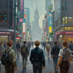 cinematic view of a retro scifi tokyo, people, desaturated, psychedelic, tim hildebrandt, wayne barlowe, bruce pennington, donato giancola, larry elmore, oil on canvas, masterpiece, trending on artstation, featured on pixiv, cinematic composition, dramatic, beautiful lighting, sharp, details, hyper - detailed, hd, hdr, 4 k, 8 k