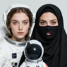 portrait of yael shelbia and kang seul - gi, venus squid astronaut, burka, symetrical facial, white hair, intricate design details. cyberpunk, rioter, by ruan jia and beeple. smooth gradients, deep space.