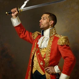 official side portrait of rapper pitbull, raising sword, in royal attire, 1 7 9 9, a character portrait by cassius marcellus coolidge, reddit contest winner, american romanticism, oil on canvas, detailed painting, creative commons attribution