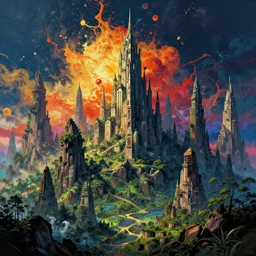 landscape more vast more intense towered group splash art graphic design color splash high contrasting art, fantasy, highly detailed, art by greg rutkowski