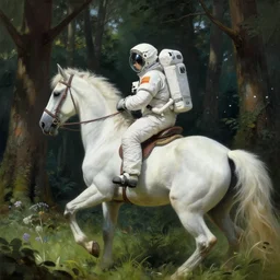 an astronaut riding on the back of a white horse through a forest, a detailed matte painting by frieke janssens, featured on cgsociety, fantasy art, matte painting, reimagined by industrial light and magic, matte drawing