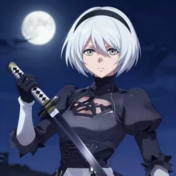 Anime Screenshot of a Nier 2B HOLDING A KATANA | Moonlit Night | strong blue rimlit | visual-key | anime illustration BY STUDIO TRIGGER | highly detailed
