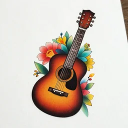 guitar and flower art, colorful, tattoo style, on white paper