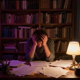 writer struggling, embracing head in own hands, cozy environment, intricate composition, wide shot, bookshelves on background, front view, papers on table, colorful, night lighting, dark room, tiny source of lighting, cozy lighting, table lamp, dramatic expression, warm colors, cinematic composition, lighting by rembrandt, chaos on table