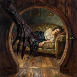 a portal to hell in wooden floorboards. a demonic hand reaches out from within, to a woman, sleeping on a sofa, unaware of the danger awaiting, art by anne stokes