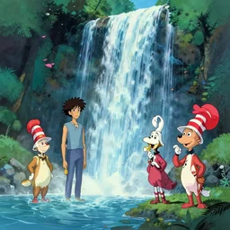 studio ghibli style anime waterfall. mystical digital art pastelpiece masterpiece trending on artstation by noel fielding, beeple, james gunn, gorillaz, marvel studios and dr seuss. hyper detailed portrait with 4 k macrolens, curated by beeple, unreal engine, art station and emmy winning gorillaz.