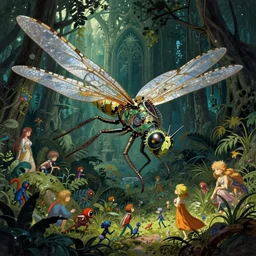 realistic giant dragonlfy with few element of cyberpunk armor attacking tiny creatures in jungle, by moebius!!!!, alphonse mucha, ayami kojima, amano, greg hildebrandt, and mark brooks, art nouveau, cyberpunk, neo - gothic, cinematic view!!!, dynamic lighting, night