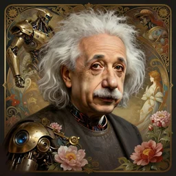 portrait of albert einstein, robot steampunk, floral! horizon zero dawn machine, intricate, elegant, highly detailed, ray tracing, digital painting, artstation, concept art, smooth, sharp focus, illustration, art by artgerm and greg rutkowski and alphonse mucha, 8 k