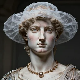 a beautiful futuristic portrait with hat made by wires and gauze twisted around her face and cover, clear eyes, necklace made by wires, design by leonardo davinci, inspired by michael angelo, modern art, baroque, jewelry, new classic, hyper realistic, highly detailed, cinematic composition, cinematic lighting, fashion design, concept art, hdri, 4 k -