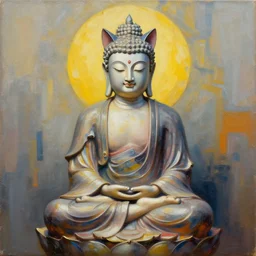 Amazing Popular Buddha with a cat head meditating fantasy art abstract painting generated by artificial intelligence, 8K UHD, trending on artstation, extremely detailed