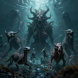 extinct animals in a the sea, nightmare, hell, photograph, wild, highly detailed vfx, cinematic
