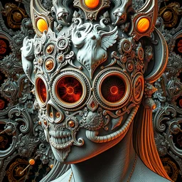 human portrait, face, wearing a carved mineral mask with tiny mineral incrustations, godness, ethereal, elements, baroque, rococo, white + orange + ink + tarot card with ornate by marc simonetti, peter mohrbacher, cinematics lights, detailed, intricate illustration, octane render, fractal bacground, golden ratio, sacred, mechanical