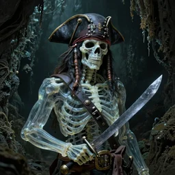 photo of a semi - transparent skeletal ghostly spanish pirate head and torso, holding a cutlass and standing in a grotto, photorealistic, dark, lovecraft, paul carrick, atmospheric lighting, painted, intricate, ultra detailed, well composed, best on artstation, cgsociety, epic, stunning, gorgeous, intricate detail, wow, masterpiece